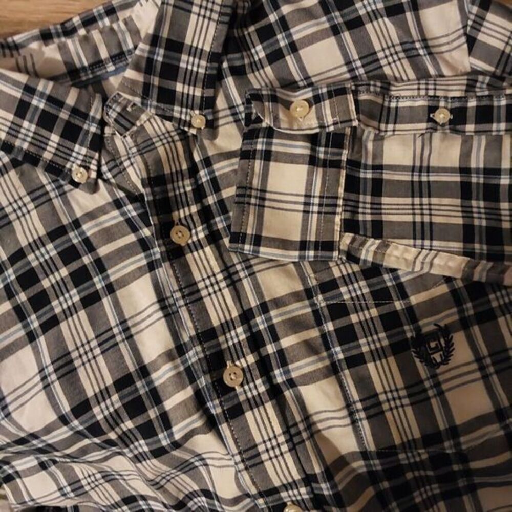 CHAPS Men's Long Sleeve Large White & Blue Check‎ Easy Care Stretch Dress Shirt